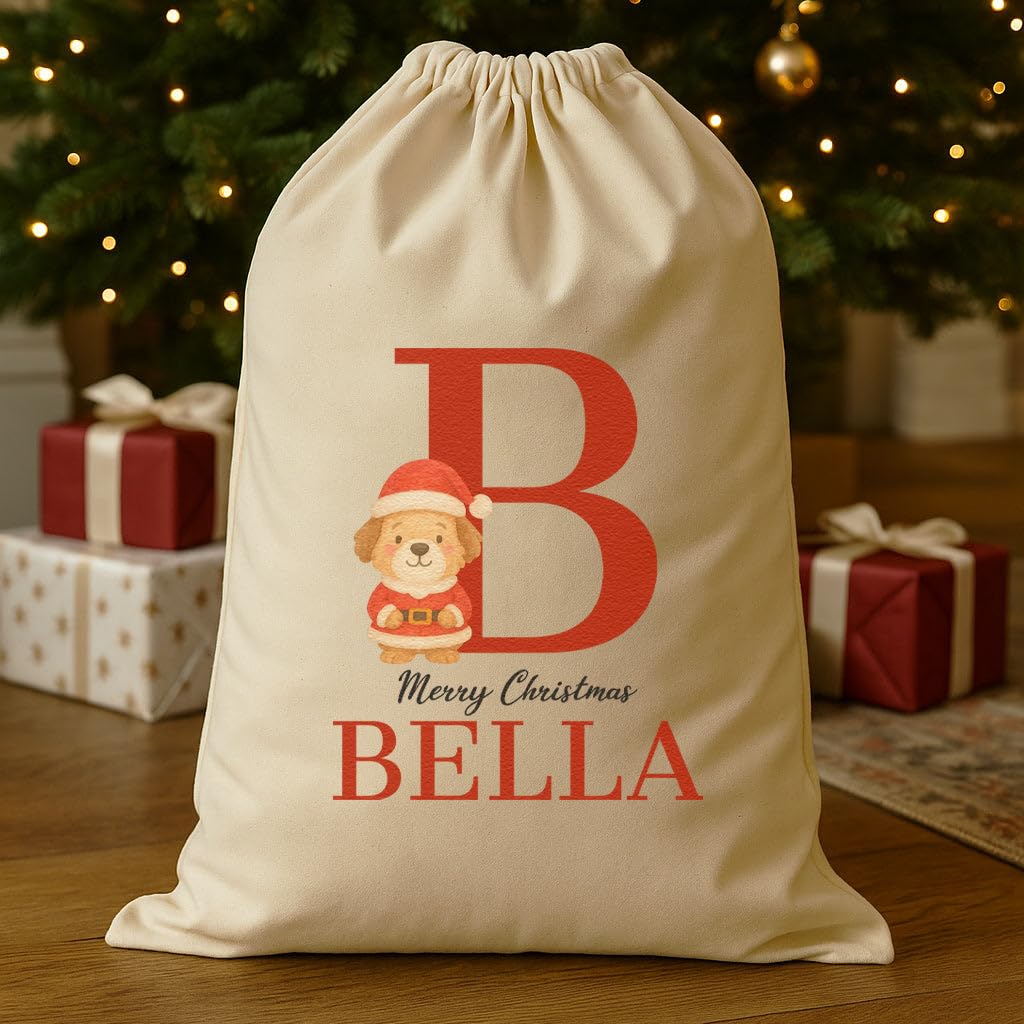The Gift Project Biege Personalised Christmas Santa Paws Standing Initial And Name - Christmas Dog Santa Sack