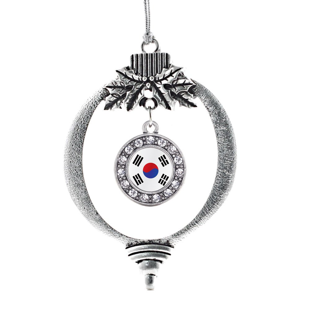 Inspired Silver - Republic of Korea Flag - Silver Christmas Ornament - Circle Charm Christmas Tree Ornament with Cubic Zirconia - Holiday Hanging Decoration