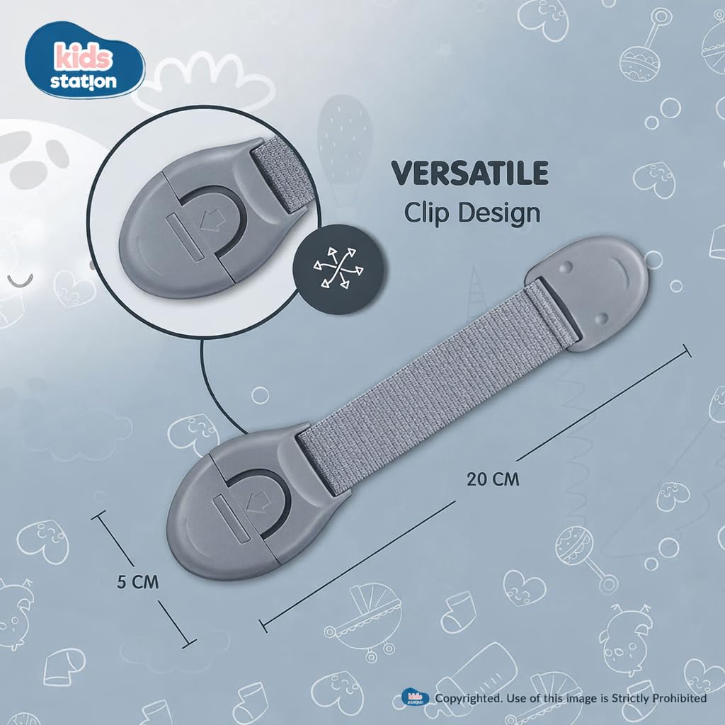 Kids Station Baby Safety Nylon Drawer Locks - Strong and Adhesive Child/Toddler/Infants Safety Locks for Drawers, Cabinets, Fridge and Cupboard - Baby Proofing Product - Pack of 6 (Grey) 4