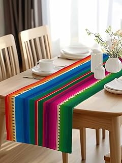 Colorful Mexican Stripes Table Runner 13x70in Non-Slip Cotton Linen Table Runners, Watercolor Gradient Dresser Scarves TableRunner for Dinner Kitchen Dining Wedding Party