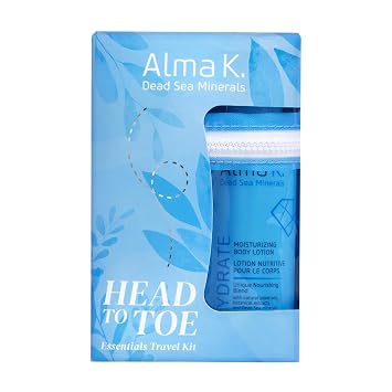 ALMA K Head to Toe Essentials Travel Kit - Moisturizing Body Lotion, Silky Smooth Shower Cream, Shine and Glow Shampoo & Conditioner 4 Pc