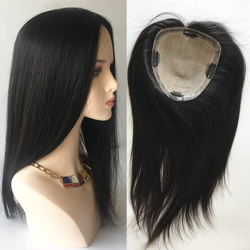 Peluca de cabello humano negro y marrón para mujer, corona tipo tupé, base de seda, postizo de poliuretano alrededor de la peluca, repuesto para