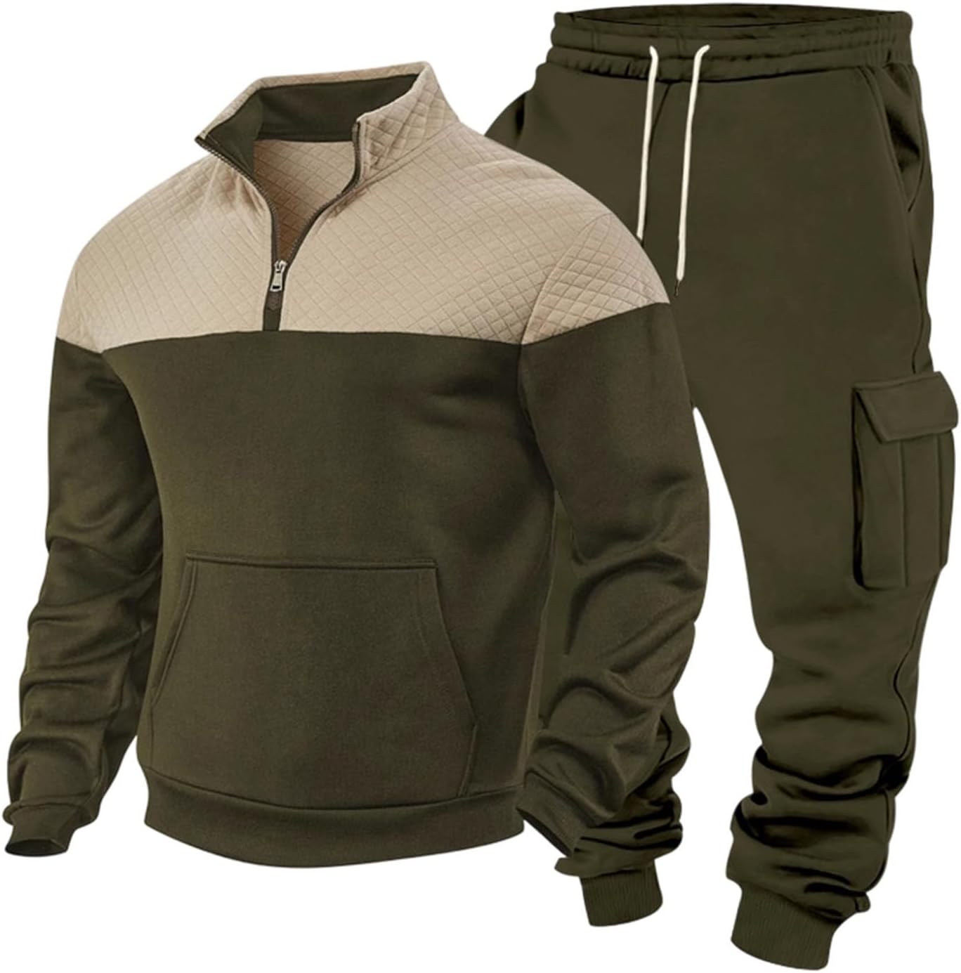 Men's Quarter Zip Quilted Cargo Set Colorblock Fleece Sweatsuit