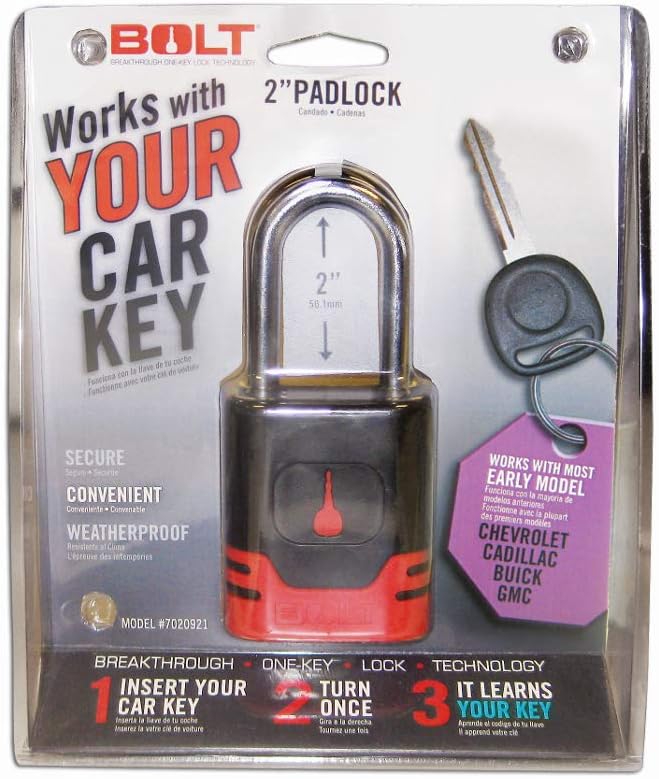 BOLT 7018517 Padlock in retail packaging, showing 'Works with YOUR CAR KEY' and compatibility with early model Chevrolet, Cadillac, Buick, GMC.