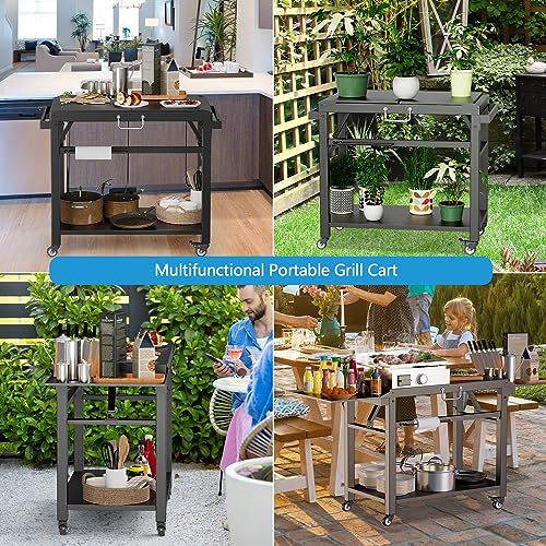 Upgrade Folding Grill Cart, Outdoor Grill Table, Large Space Dining Cart Table Grill Stand for Blackstone Griddle, Ooni Pizza Oven, Ninja Grill etc, Outdoor BBQ Prep Table
