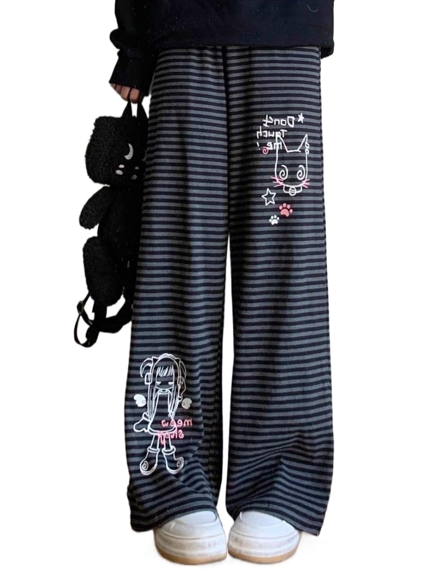 Kawaii Anime Striped Cotton Pants for Women Teen Girl Subculture Casual Loose Trousers Harajuku Loungewear