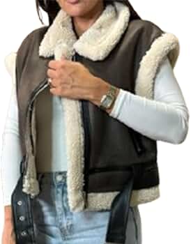 IMISSILLEB Women Leather Sherpa Vest Fur Collar Sleeveless Zipper