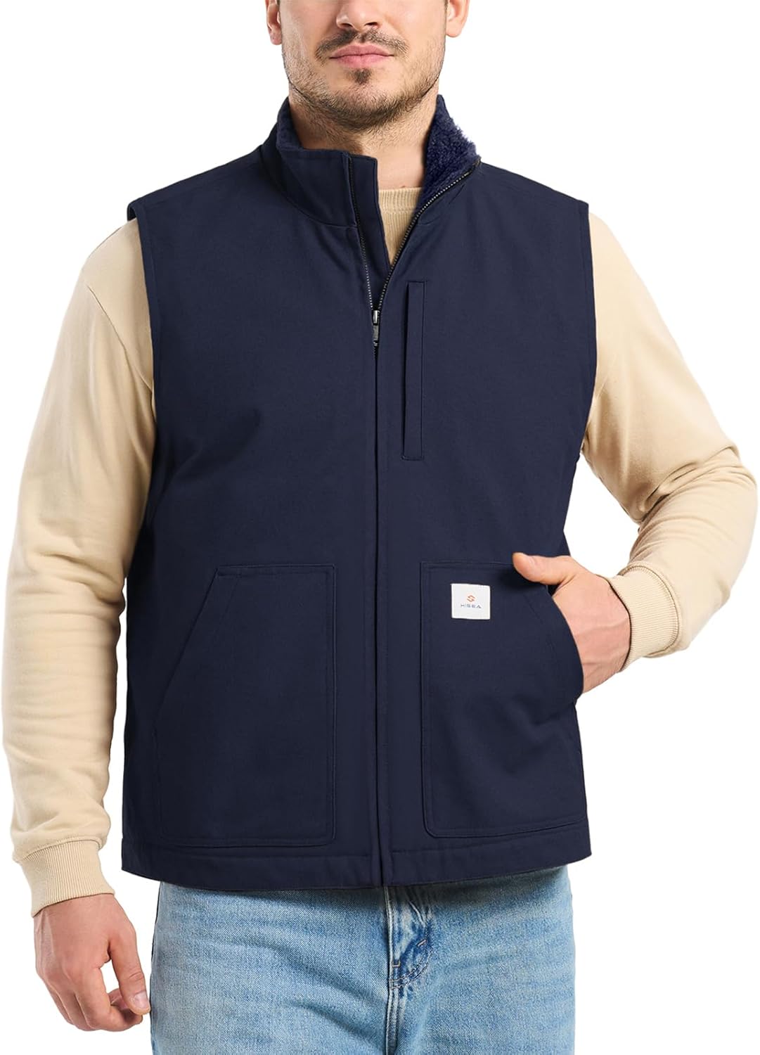 HISEA Men's Washed Duck Sherpa-Lined Vest, Mens Loose Fit Winter Insulated Canvas Workwear Mock-Neck Vest