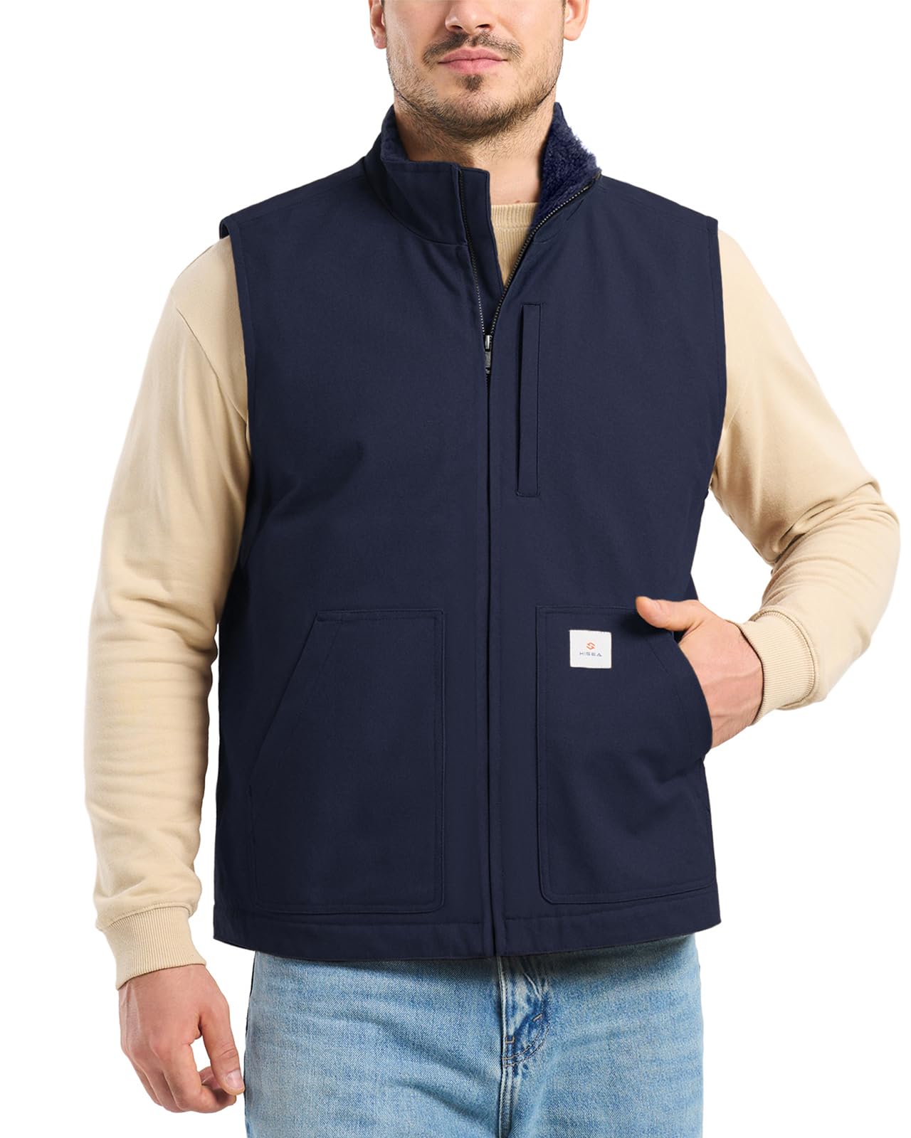 hisea Men's Washed Duck Sherpa-Lined Vest, Mens Loose Fit Winter Insulated Canvas Workwear Mock-Neck Vest-picture-26