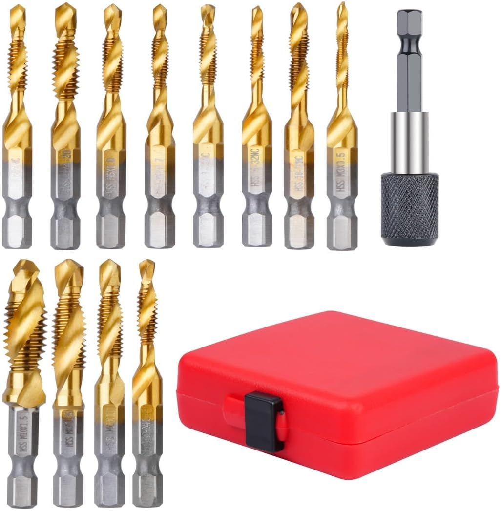 13-Piece Drill & Tap Set, Sae And Metric Sizes, Includes 1/4’’ Quick-Change Adapter, Titanium-Coated High-Speed Steel