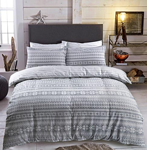 Sleepdown Fair Isle Grey Striped Abstract 100% Brushed Cotton Reversible Soft Duvet Cover Quilt Bedding Set with Pillowcase - Single (135cm x 200cm)