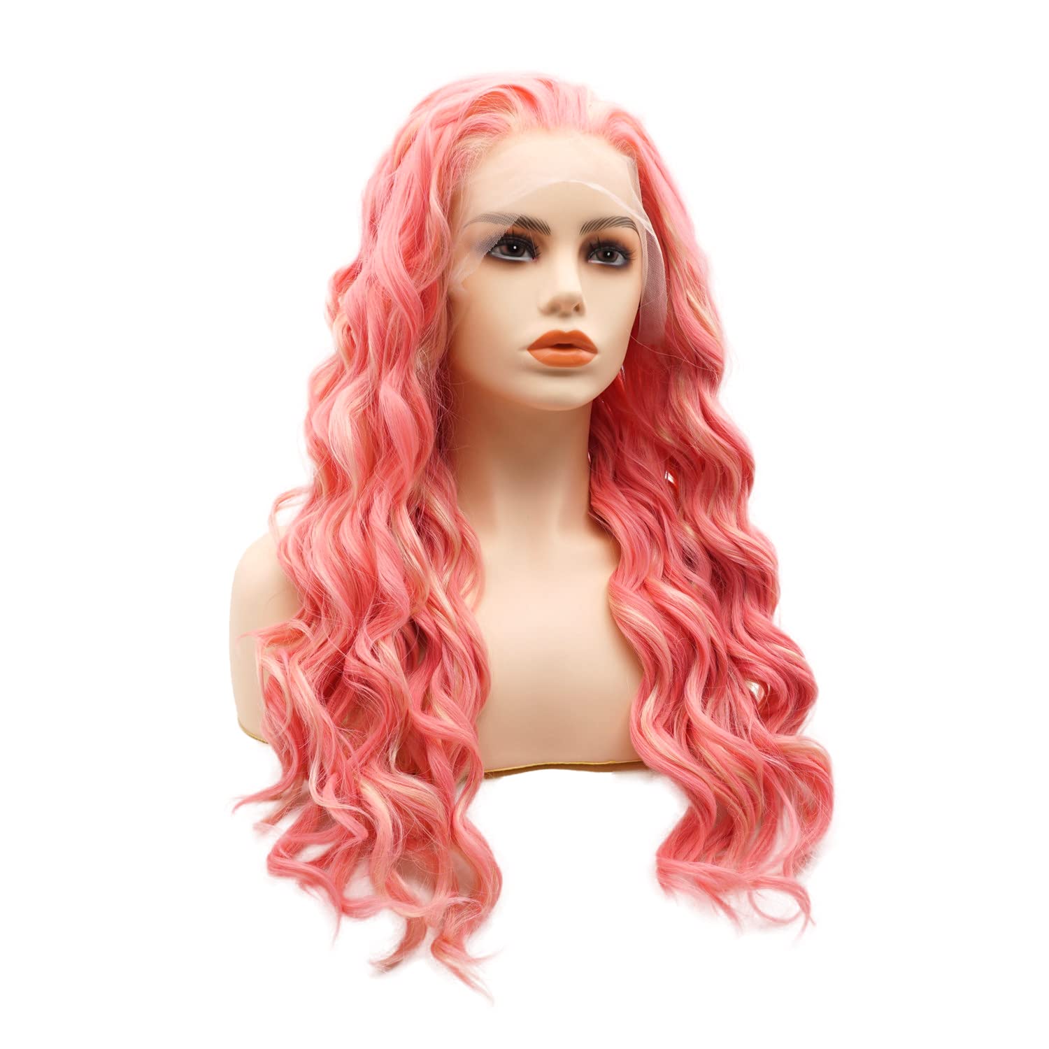 Hair Synthetic Lace Front Wig Wavy Long 24inch Pink and Light Blonde Mix Heavy Density Heat Resistant Realistic Wig