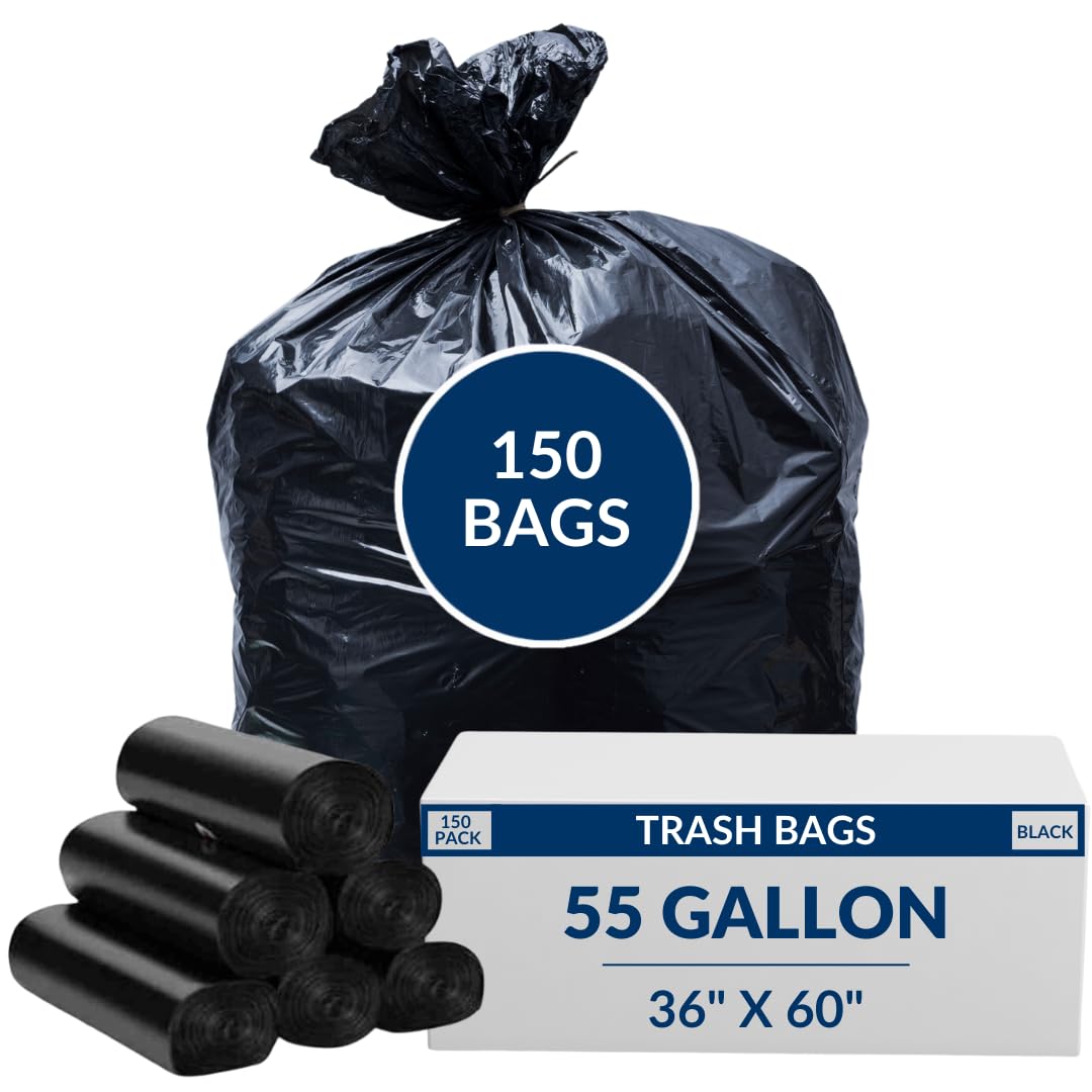 55 Gal Trash Bags | 150 Count | 36" X 60" Black Extra-Large Garbage Bags for Big Jobs