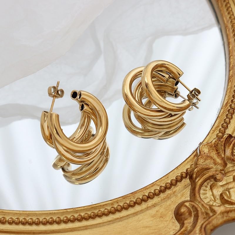 14k Gold Plated Hypoallergenic Chunky Hoop Earrings for Women - Thick Triple Hoops Huggie Dainty Jewelry Trendy Gifts - Image 7