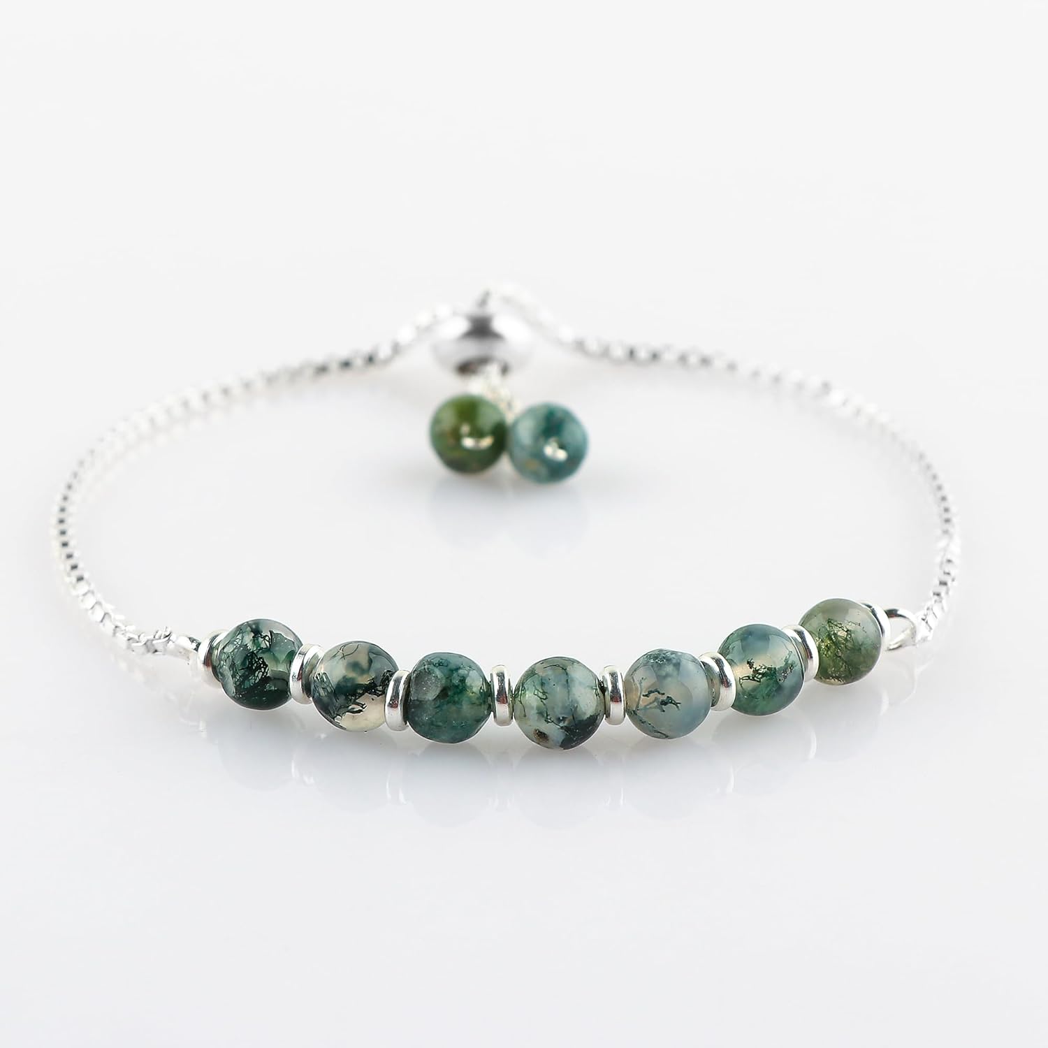Natural Gemstone Bolo Bracelet for Women - 6mm Round Beads Silver Plated Adjustable Slider Bracelet - Handmade Healing Crystal Jewelry