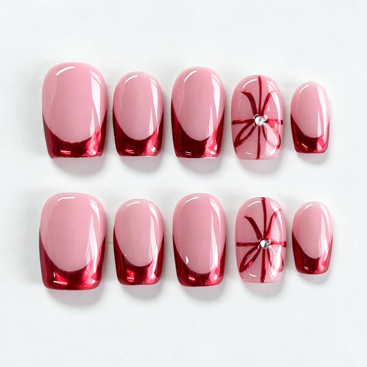 RIICFDD Handmade Press on Nails Square Red French & Gift Bow Fake Nail(S)