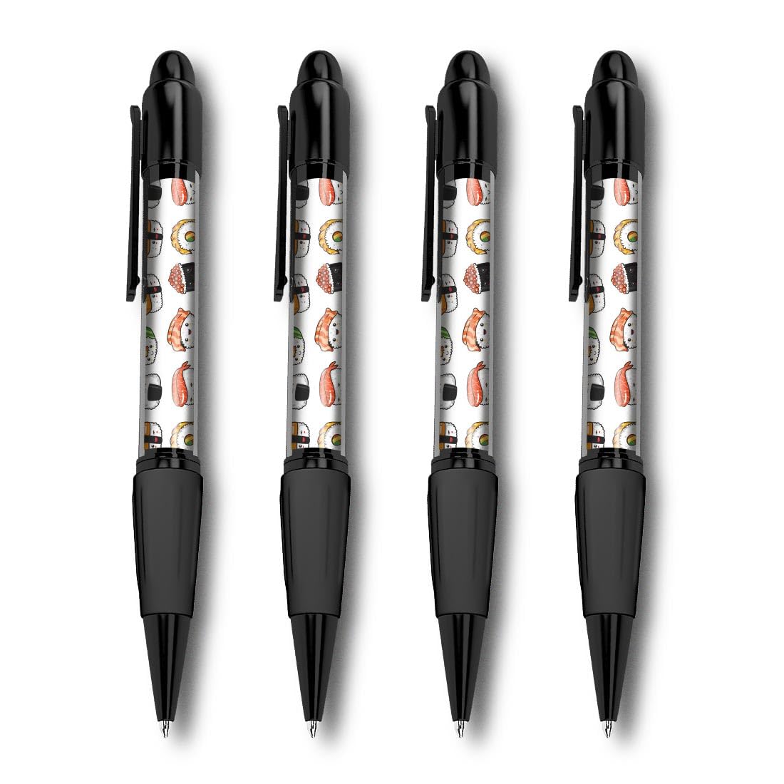 Set of 4 Black Ballpoint Pens (Photo Insert) - Fun Japanese Sushi Cartoons Japan Food - Soft Feel Finger Grip #170093