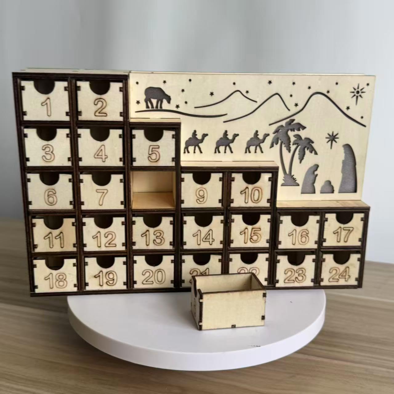 Weihnachtskrippen-Adventskalender aus Holz mit integrierten LED-Lichtern, Urlaubs-Countdown-Ornament & Wohnkultur aus Holz Weihnachten beleuchteter Adventskalender