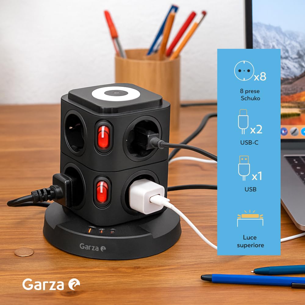Garza - Regleta Torre 11 en 1 con 8 Enchufes Schuko, 2 USB-C PD20W y 1 USB-A, Carga Rápida, Luz Nocturna Regulable, Interruptores Individuales y Protección contra Sobrecargas y Cortocircuitos, Negro