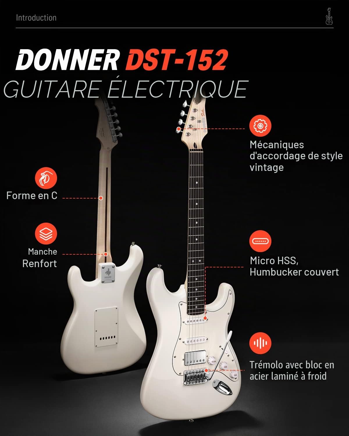 Donner Guitare électrique, kit de guitare électrique pleine grandeur HSS Pickup Coil Split, ensemble de guitares électriques pour adultes avec amplificateur, sac, accessoires, DST-152W blanc