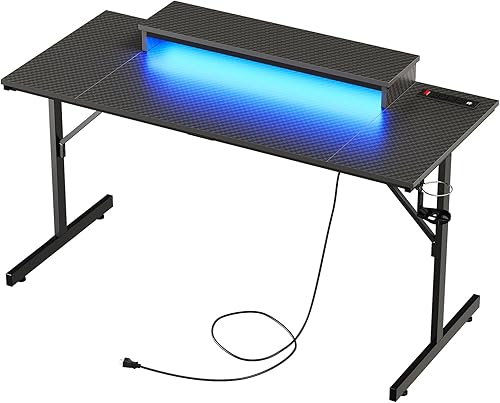 Miniatura 18 de Bestier Escritorio para juegos de 42 pulgadas con luces LED, mesa de juegos para computadora pequeña con estante para monitor, escritorio para Fibra