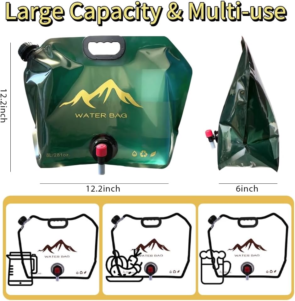 Collapsible 2-Gallon Water Jug Portable Camping Bag with Leak-Proof Spigot Durable BPA-Free 8L Collapsible Water Container for Hiking Camping Emergency Prep (Green)