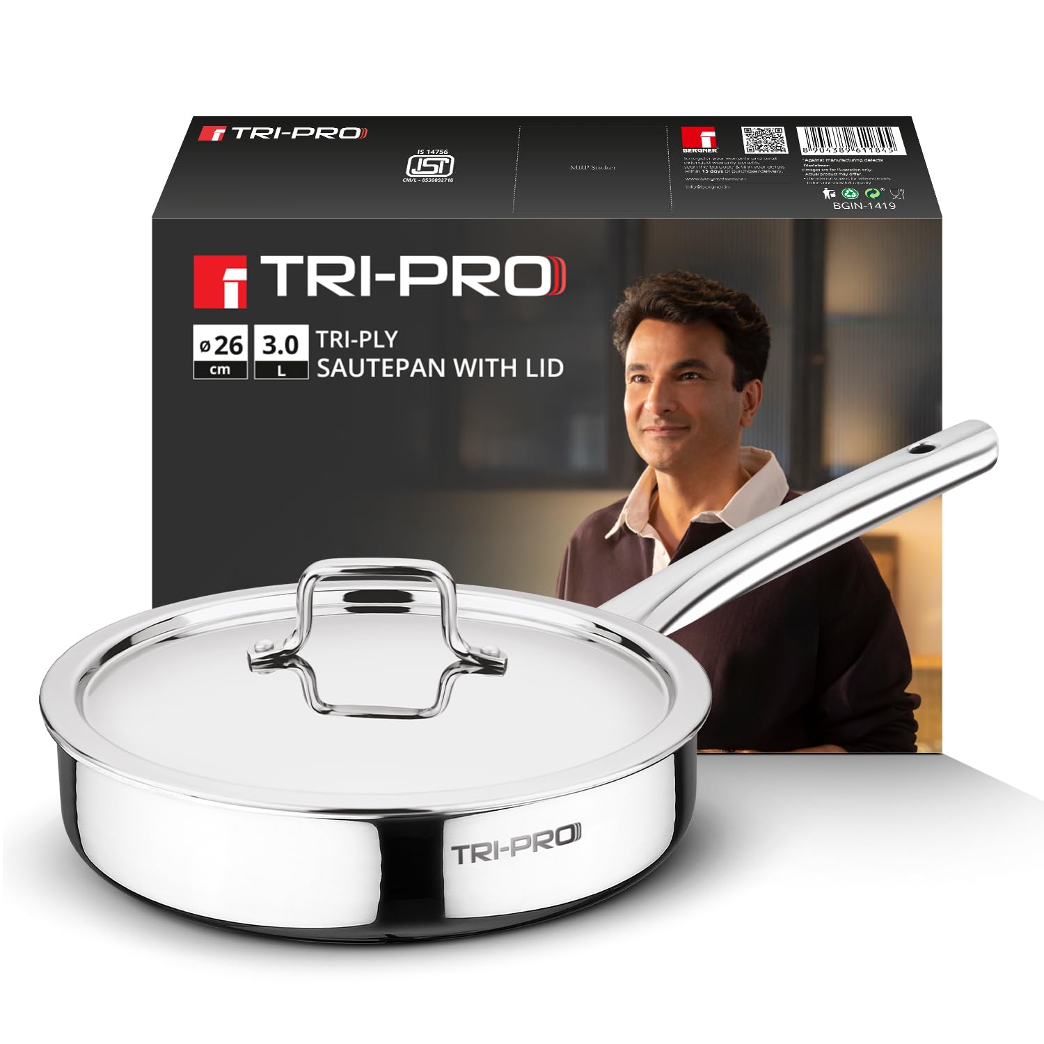 BERGNER TriPro Tri-Ply Stainless Steel 26cm (3L) Sautepan/Deep Frypan with Stainless Steel Lid Ergonomic Stay Cool Handle Fast and Even Heating Less Oil Use - Induction and Gas Stove Ready