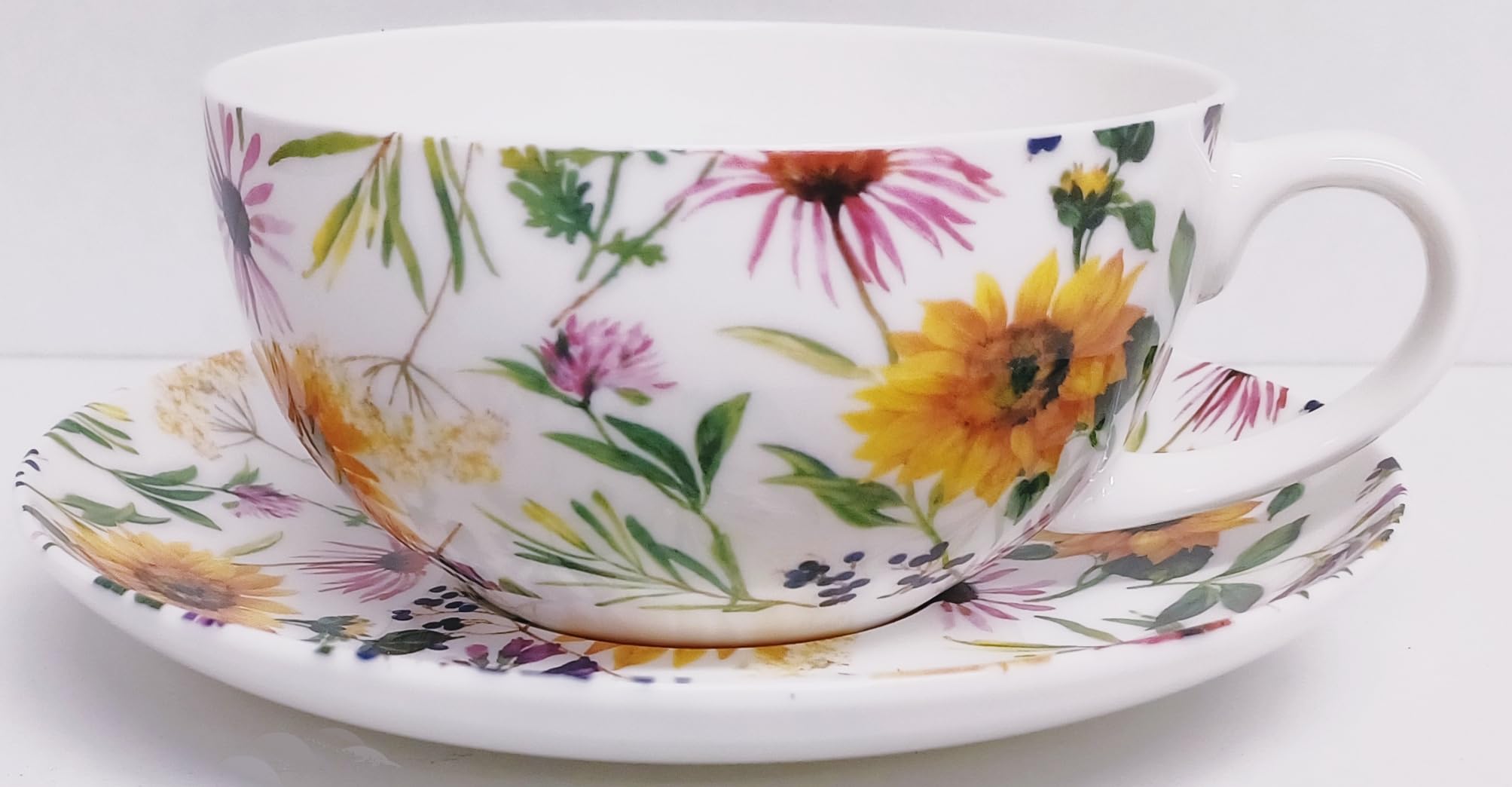 Rainbow Decors Sunflowers Meadow Cup & Saucer Fine Bone China Cappuccino 10fl oz 300 ml Flowers Floral Hand Decorated in UK