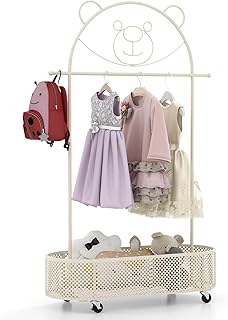 GOPLUS Perchero de Ropa para Niños con Ruedas, Perchero Infantil Rodante con Cesta de Almacenaje Inferior, 3 Alturas Ajustables, Perchero de Ropa Colgante de Metal con Diseño de Oso (Blanco)