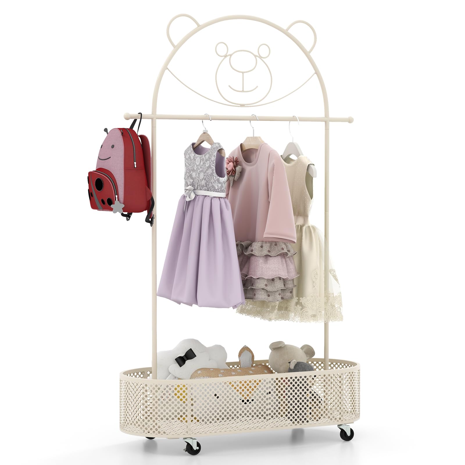 GOPLUS Perchero de Ropa para Niños con Ruedas, Perchero Infantil Rodante con Cesta de Almacenaje Inferior, 3 Alturas Ajustables, Perchero de Ropa Colgante de Metal con Diseño de Oso (Blanco)