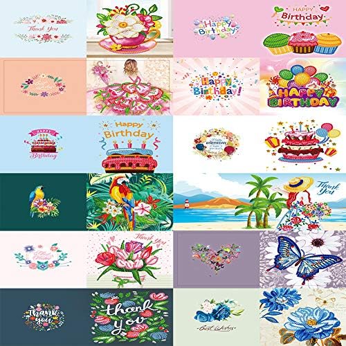 sikiwind 12 Pack Birthday Card, 5D DIY Diamond Painting Greeting Postcards Kits, Thank You Hello Happy Birthday Cards, Rhinestone Embroidery Arts Craft Paint for Family, Friends, Lover