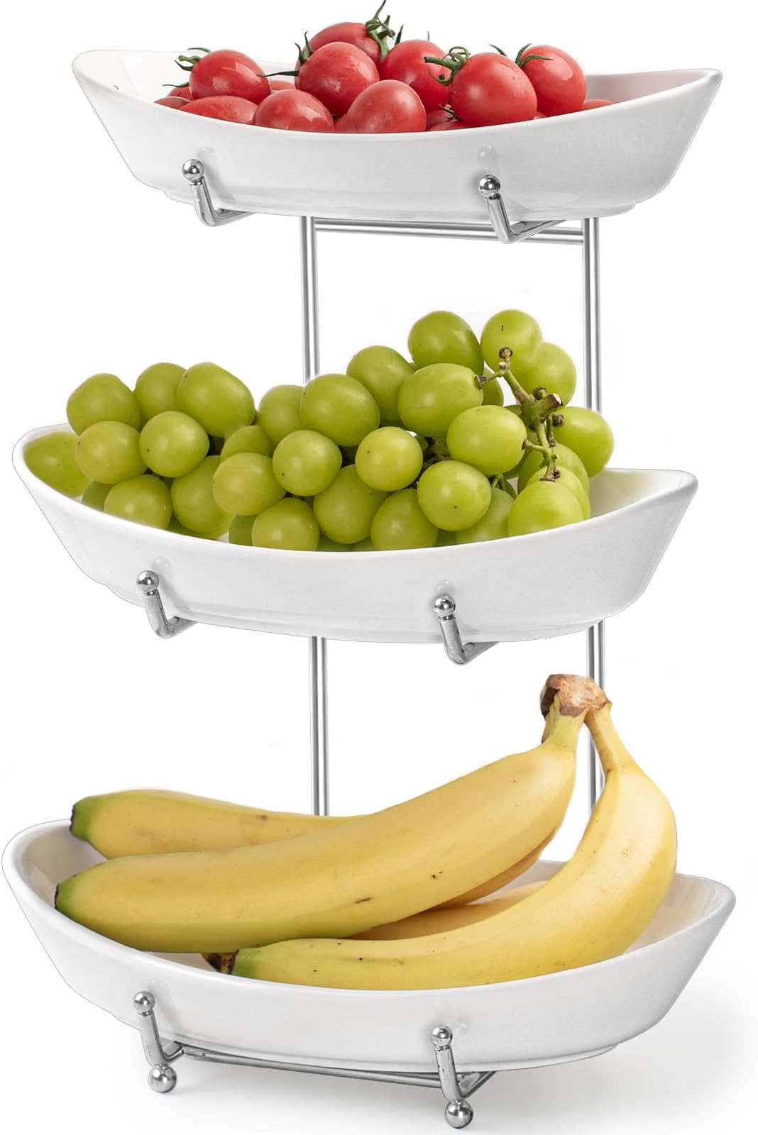 LUFILUFI 3 Tier Fruit Bowl Basket for Kitchen Counter - Ceramic Serving Bowls with Metal Stand, Stackable Tiered Fruit Basket for Fruit Vegetable Snack Storage, Countertop Organizer, Housewarming Gift