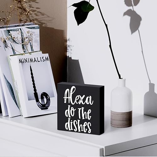 Miniatura 5 de Divertida placa de madera para cocina, con texto en inglés "Alexa Do the Dishes", caja de madera negra, arte rústico, estante de cocina, decoración