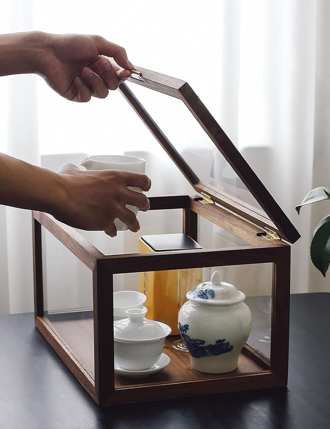 Black Walnut Wood Display Box With Lid,Clear Glass Storage 13.77 Inch Tea Set Dustproof Protection Showcase