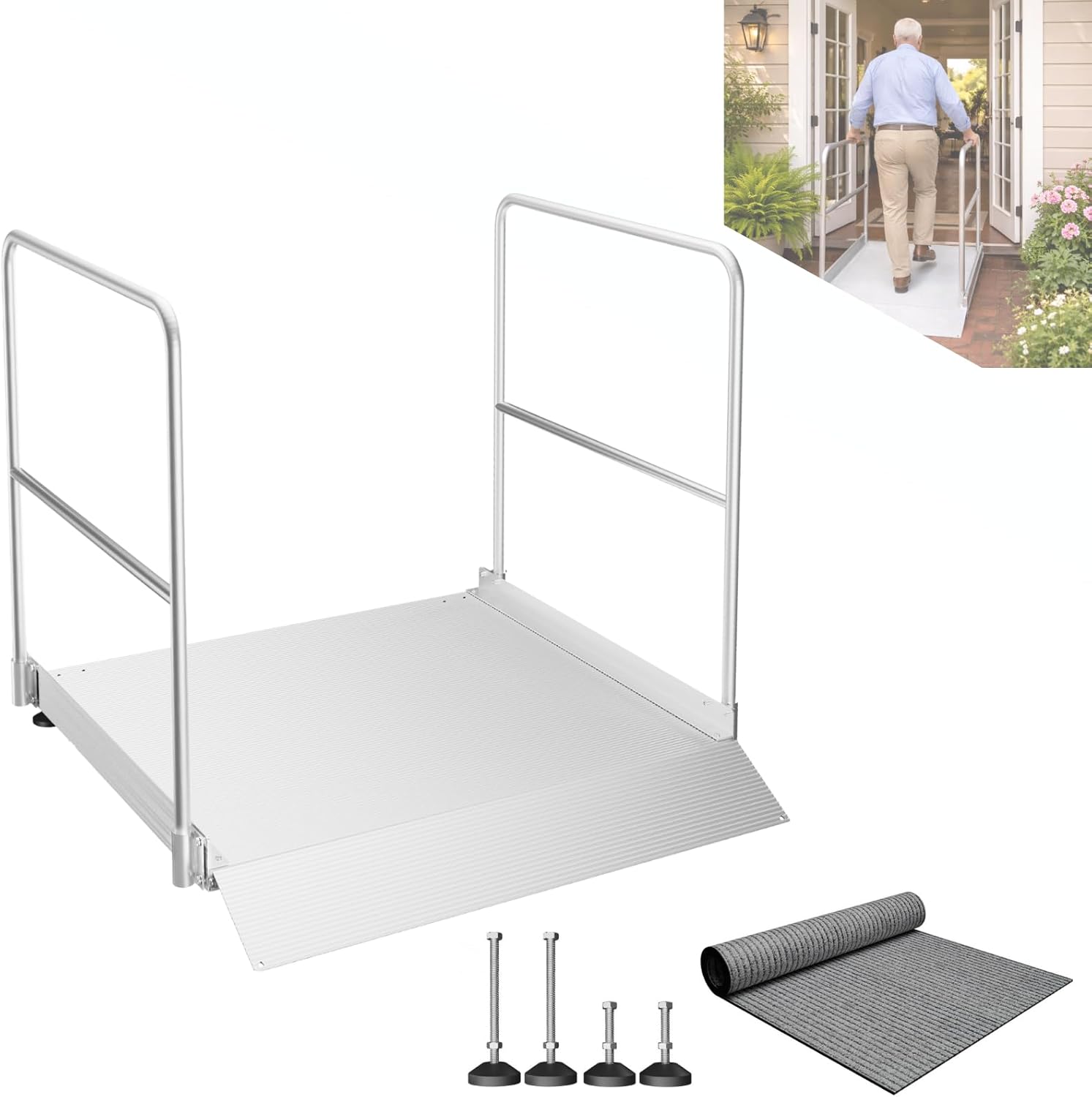 Aluminum Adjustable Threshold Ramp with Detachable Handrail for Wheelchair, 36" x 36" Doorway Ramp with 3.4"–7.2" Rise, Self-Supporting Entry Ramp for Uneven Surface, 1100lb Capacity with Non-Slip Mat