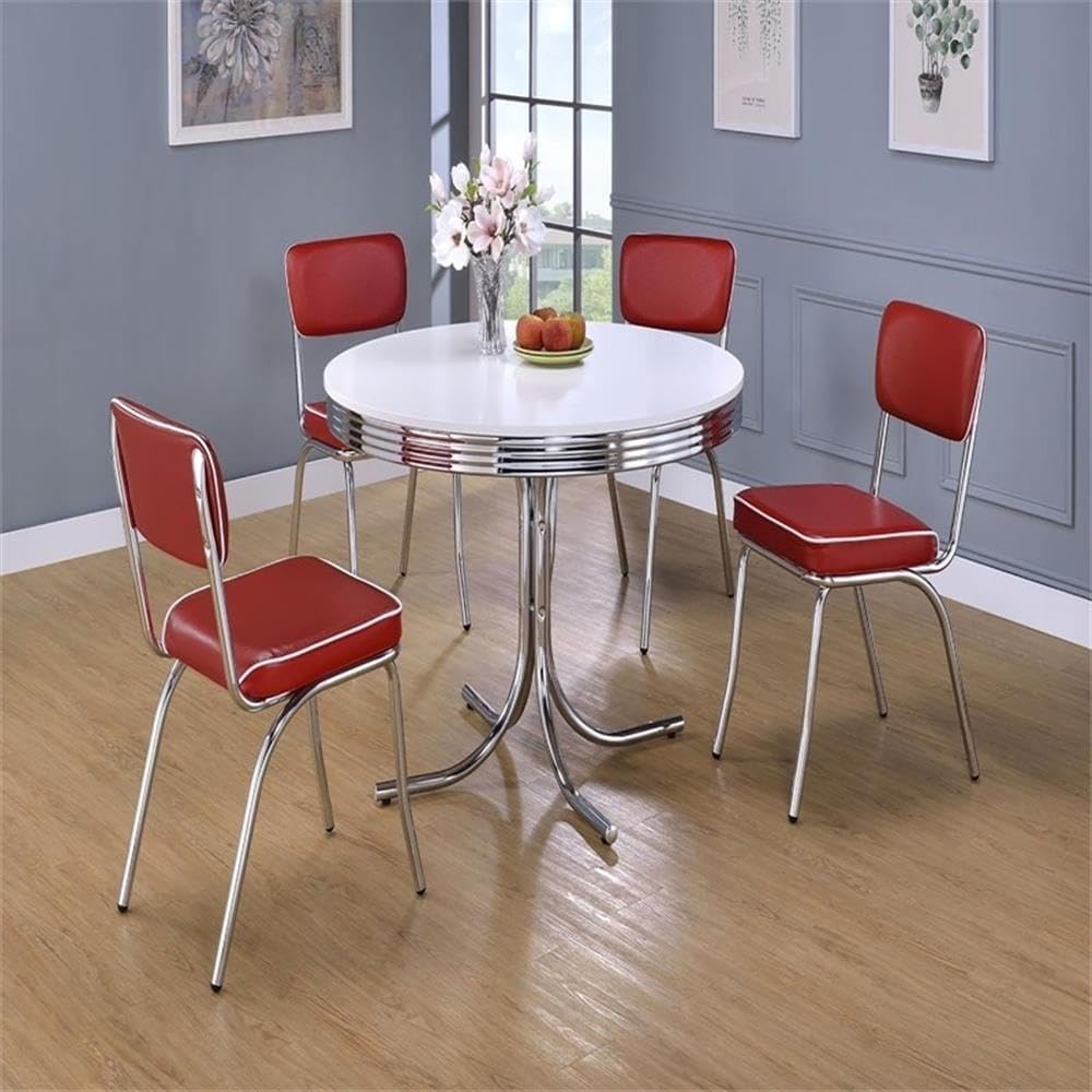 BOWERY HILL Modern Metal Round Dining Table, 42 in Wide, Chrome Legs, White Top, Retro Style, Durable and Easy to Clean, Space-Saving Design, Timeless Appeal for Kitchen or Dining Room