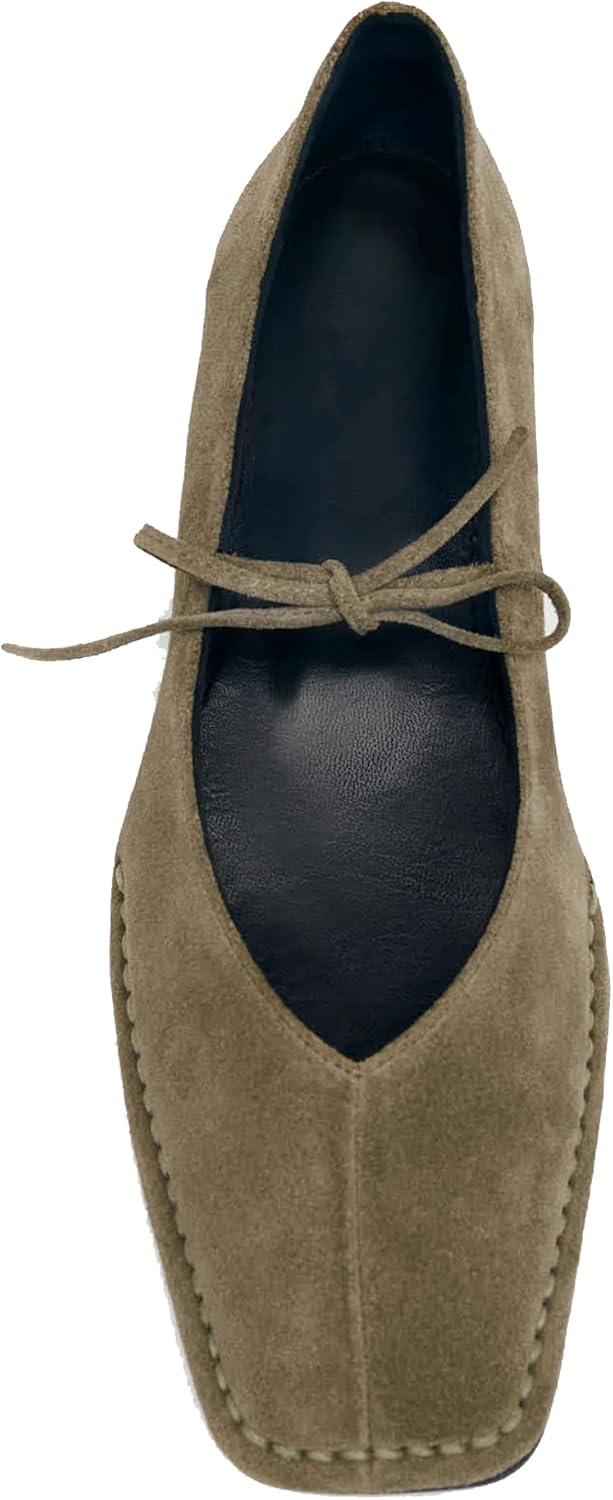 Women's Lace Up Ballet Flats Square Toe Slip On Ballerina Shoes Cute Bow Tie Mary Jane Comfy Casual Office Flat Shoes 7.5 Suede-olive