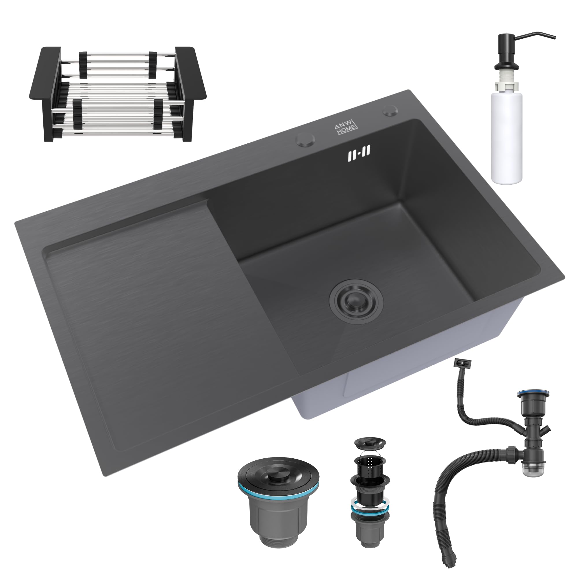 Graphite Kitchen Sink 78x50 cm with Draining Board, Basket Drainer & 350ml Soap Dispenser, 304 Stainless Steel Sink with 2 Tap Holes and Siphon