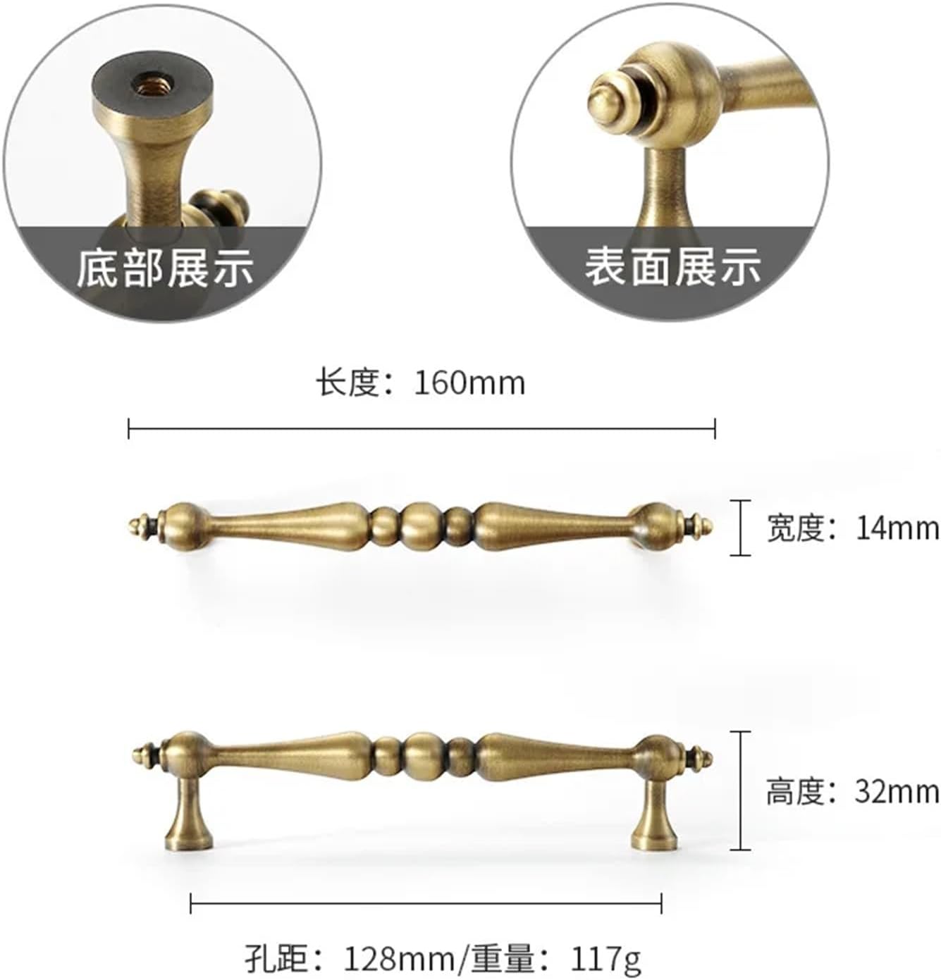 Antique Solid Brass Drawer Knobs French Retro Handle Bathroom Pulls Kitchen Cabinet Door Handle Cupboard Door Furniture Handles 1Pcs (Color : Brass 128mm)