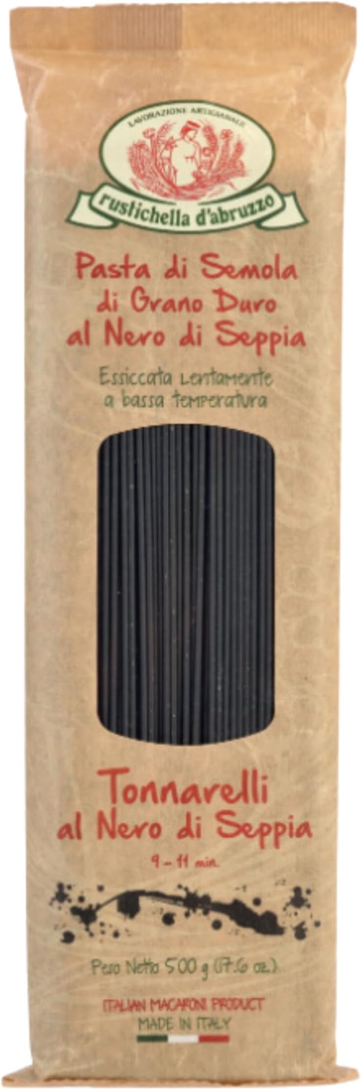 Rustichella d'Abruzzo Tonnarelli with Squid Ink, Long Italian Pasta with Cuttlefish, Ideal for Shellfish, Spicy Fish Sauce & Olive Oil Dishes, Authentic Flavored from Abruzzo Italy, 500g