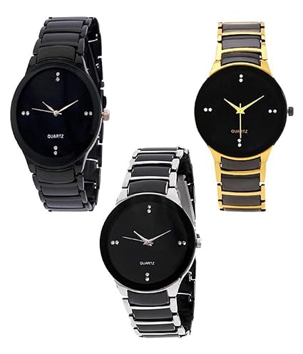 Quartz Movement Analogue Black Dial Watch for Men and Boys - Combo of 3