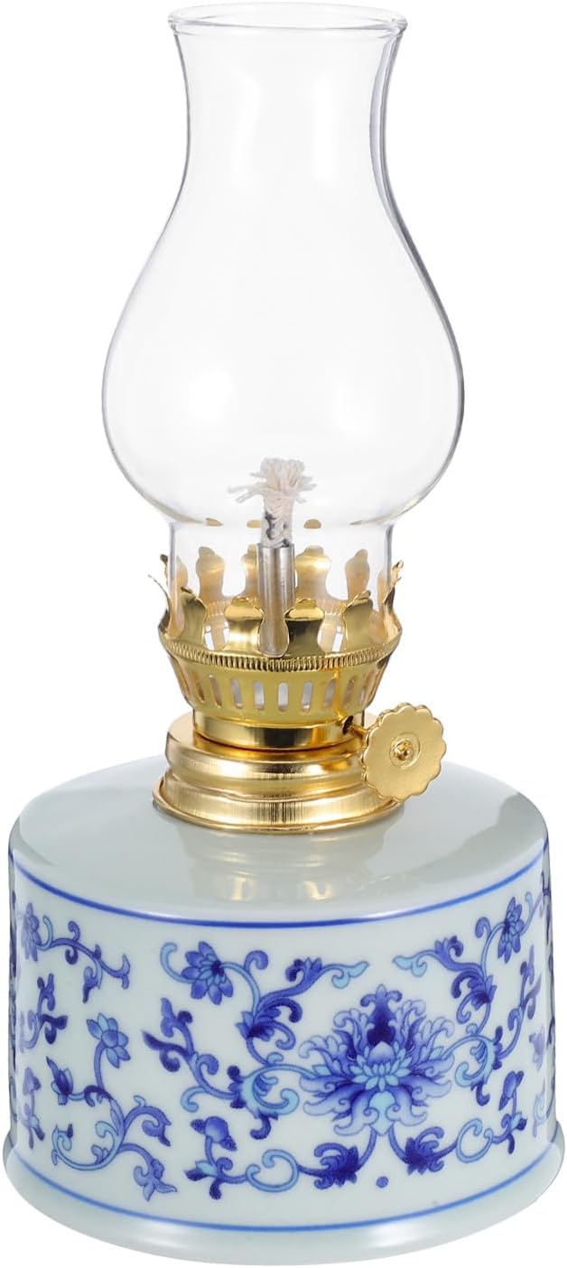 Housoutil Vintage Blue and White Porcelain Kerosene Oil Lamp, Chinese Style Hurricane Lantern with Floral Pattern, Decorative Indoor Tabletop Lamp for Home and Tea Room Décor,