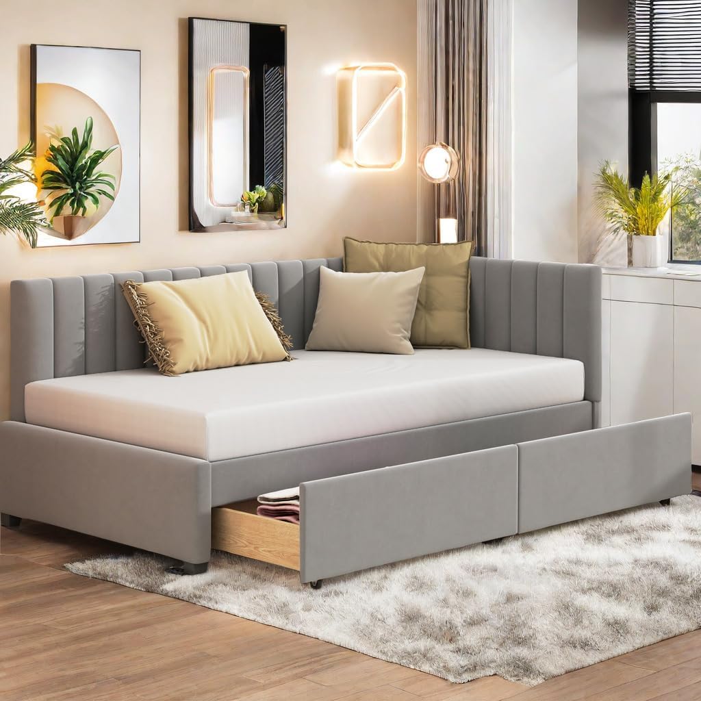 Modernes Polsterbett 90x200 Mit LED-Beleuchtung & USB-C - Tagbett Mit Stauraum | Grau Leinen