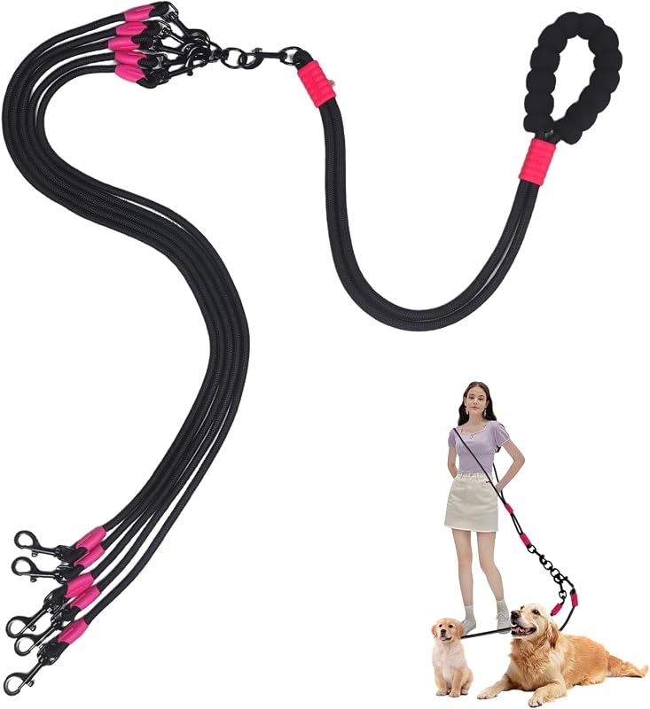 Guia dupla ajustável para cães com 5 ramificações e alça acolchoada Luck Dawn (Preta, 5 guias)