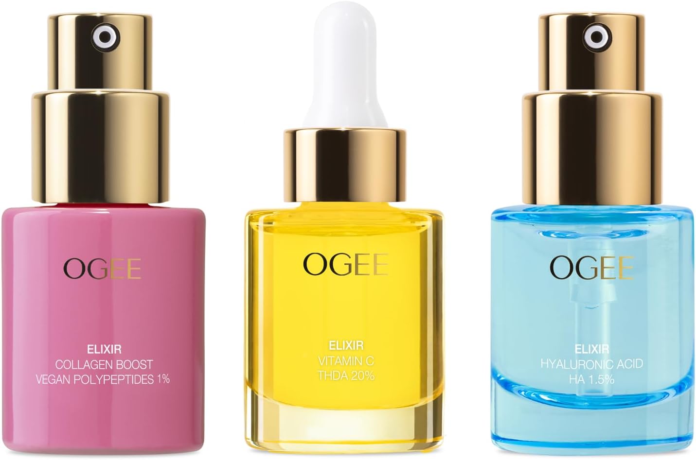 Ogee - Elixir Trio - Retinol Alternative Collagen 1% Elixir, Vitamin C THDA 20% Elixir & Hyaluronic Acid HA 1.5% Elixir with Organic Cotton Beauty Bag