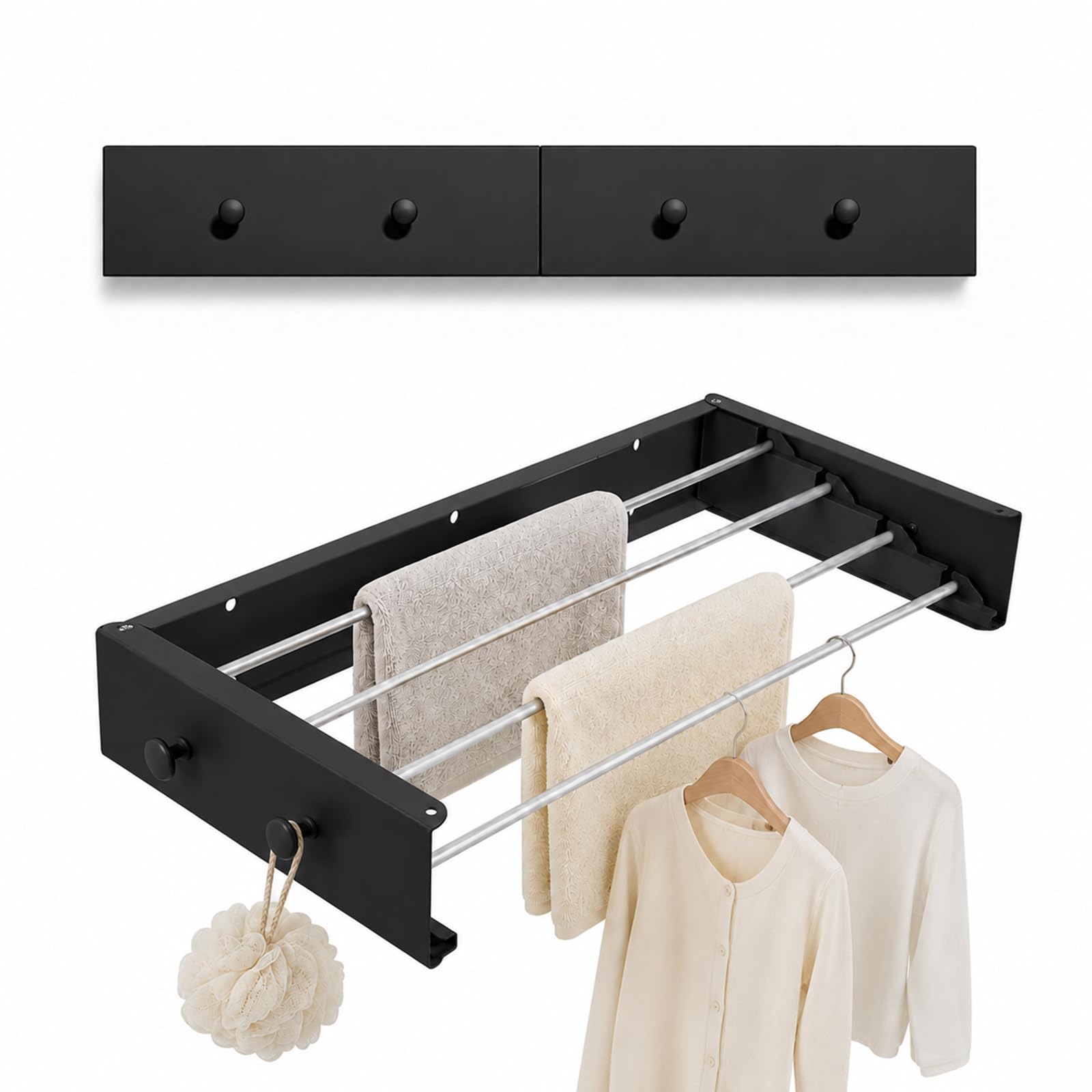 Stendibiancheria da parete, con gancio di aggiornamento, semplice stendibiancheria da parete, pieghevole, per interni o esterni, per balcone (60 cm con 4 ganci, nero)