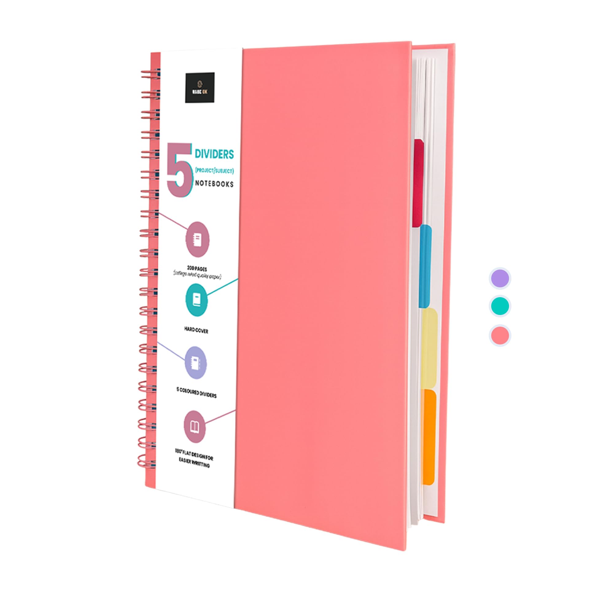VABE UK A5 Hardback Lined Notebook with 5 Dividers - Project, subject or Journal Notebook With Premium Quality Writing Paper, 200 Pages Wirebound Notebook (Pink)