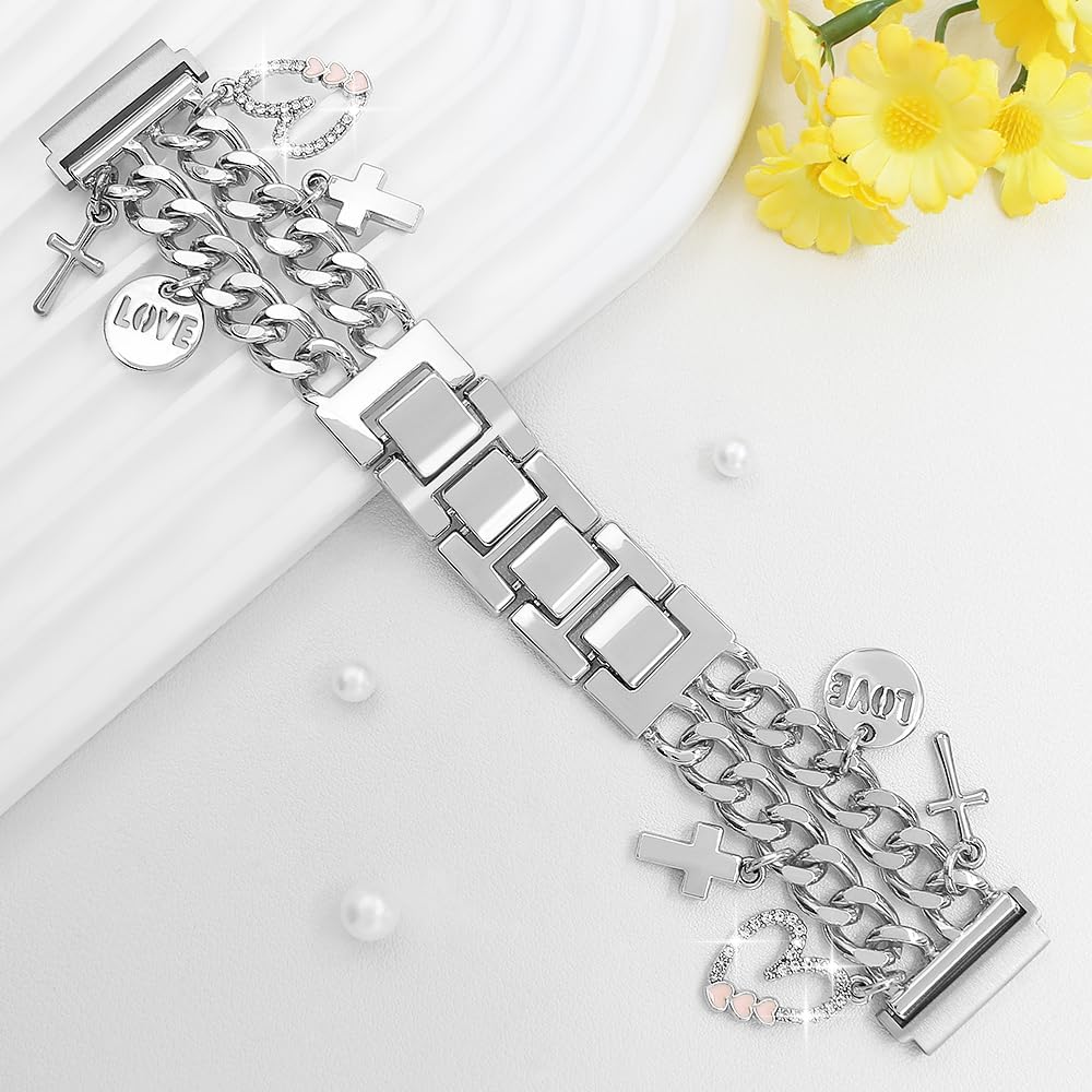 22mm Metal Band Women Compatible with Samsung Galaxy Watch 3 45mm,Gear S3 Frontier/Classic,Galaxy Watch 46mm(2019),IDW19,IDW13,Cuban Chain Wristband with Cute Charms Pendants image 3