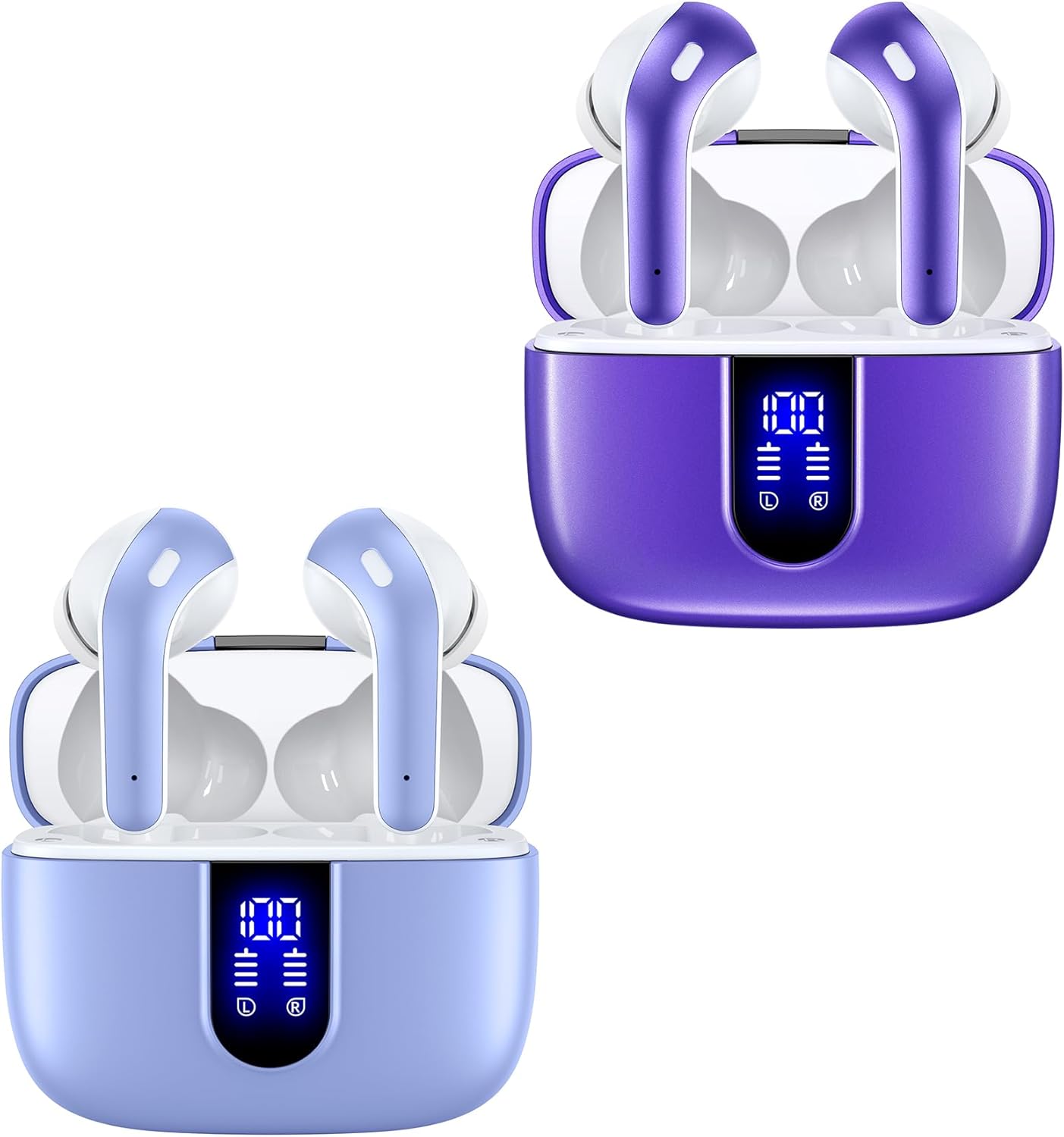 TAGRY 2 Sets X08 Purple and Phantom Purple Bluetooth Headphones True Wireless Earbuds 60H Playback Ear Buds with Wireless Charging Case in-Ear Earbuds with Mic