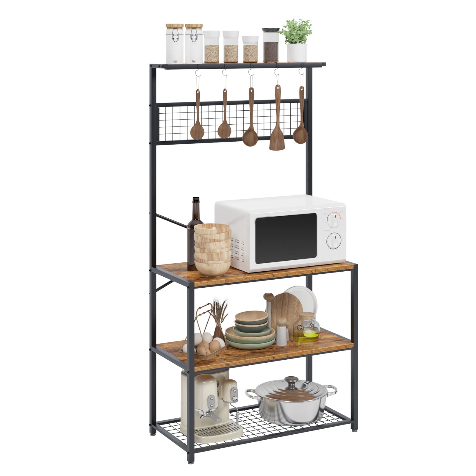 Kitchen Baker's Rack, 4-Tier Design, soges Microwave Stand, Rustic Brown, Utility Organizer, Mesh Bottom Panel, Free Standing with 5 Hooks